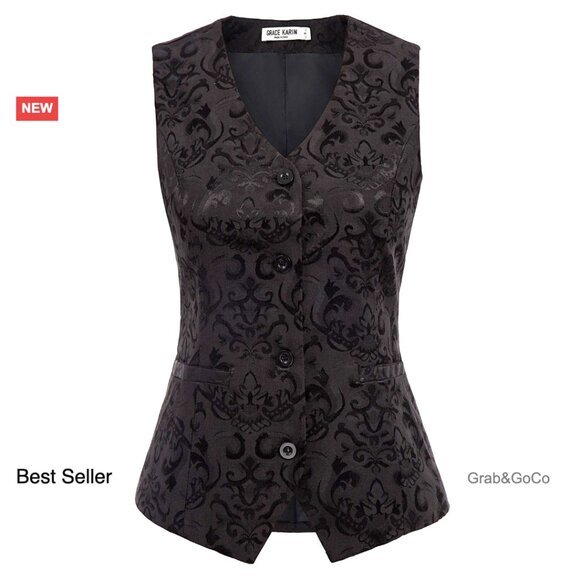 Vintage Steampunk Jacquard Vest Sleeveless Button-Up Elegant Office Chic